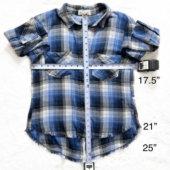 Anthropologie Blue Plaid High Low Fringe Hem Roll Sleeve Buttondown Shirt - Picture 12 of 12